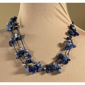Avon Necklace Multistrand Blue Stone Chips Chunky Silver Beads Statement